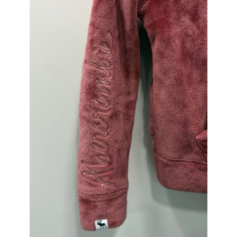 Abercrombie Kids 9/10 Pink Plush Fleece Hoodie Moose Logo Y2K Embroidered Cozy